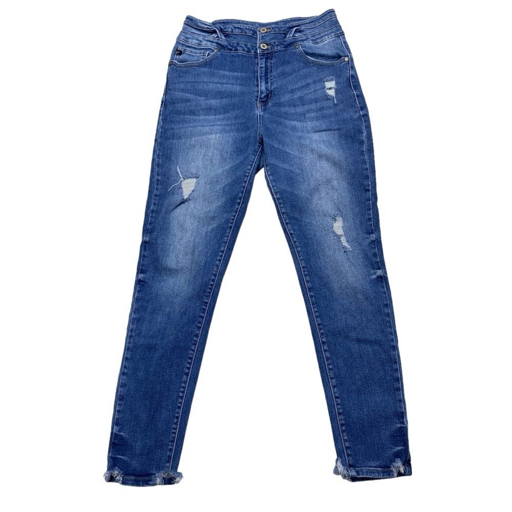 KanCan High Rise Double Button Super Skinny Jeans Blue Denim Distressed Sz 11/29